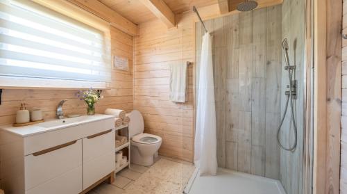 a bathroom with a shower and a sink and a toilet at Jotwingia - Domki z Widokiem in Stare Juchy
