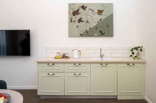a kitchen with a sink and a painting on the wall at Briaa Wellness Resort Hotel Gilboa - Adults Only in Maalé-Hagilbo‘a
