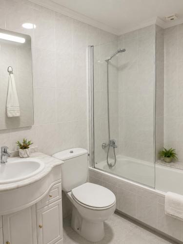 a bathroom with a toilet and a sink and a shower at Casa Ravel in Silleda