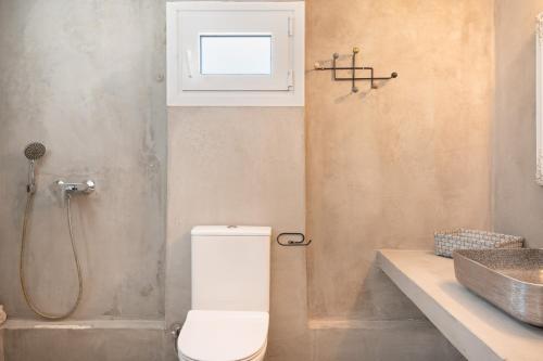 a bathroom with a toilet and a shower and a sink at Vasso Galati House in Vaia
