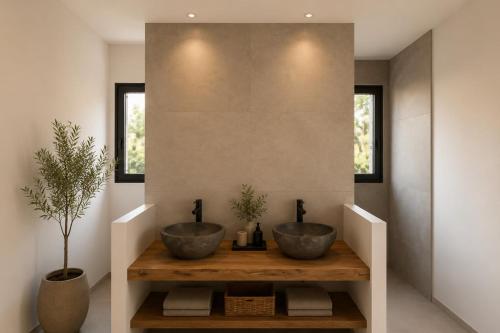two sinks in a bathroom with two bowls on a counter at La Villa Andromède 10pers in Martillac
