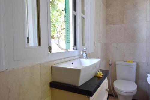 a bathroom with a sink and a toilet and a window at Villa Mimosa in Lovina