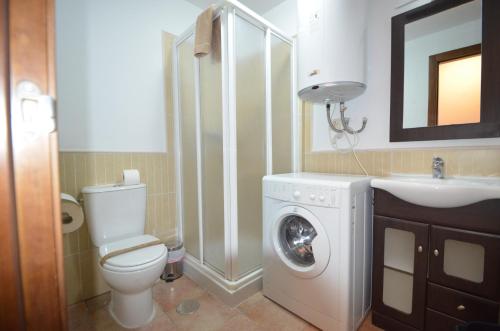 a bathroom with a toilet a sink and a washing machine at Las Palmeras SOLMARES in Isla del Moral