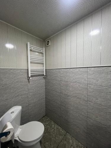 a bathroom with a toilet and a window at Weekend House in Borjomi