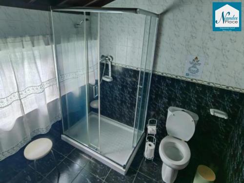 a bathroom with a glass shower and a toilet at Nandes Place in Praia da Vitória