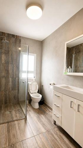 a bathroom with a toilet and a shower and a sink at Royal Lea Apartmens in Netanya