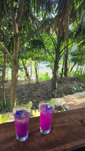 two cocktails on a wooden table with a view of the ocean at Casa Kwalama in Santa Marta