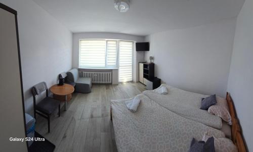 a bedroom with a bed and a table and a chair at UniBal - pokoje gościnne in Unieście