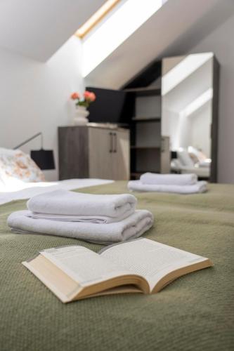 an open book laying on top of a bed at MŁYŃSKA 8 Opole-Górki in Opole