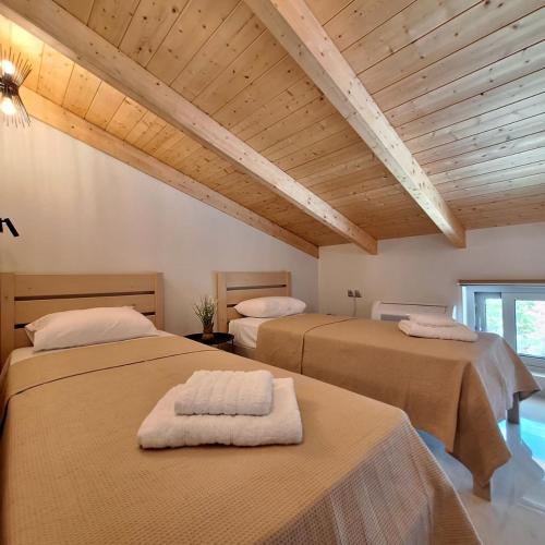 two beds in a room with wooden ceilings at Dream Time Villas Vasiliki in Vasiliki