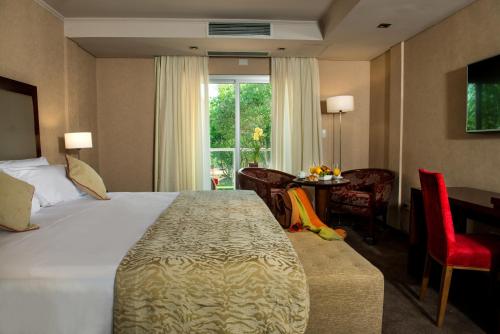 a hotel room with a bed and a desk and a window at Falls Iguazú Hotel in Puerto Iguazú