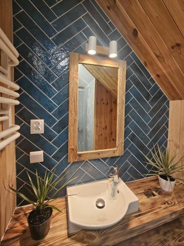 a bathroom with a sink and a mirror at Gałęziówka, Doły Biskupie in Kunów