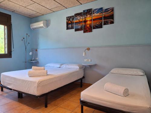 two beds in a room with blue walls at Hotel Al Riu in Bagá