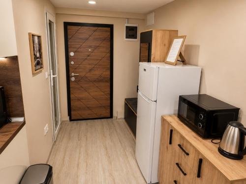 a small kitchen with a refrigerator and a microwave at Apartment Underground, Premium Apartment in Ruse City Centre in Ruse