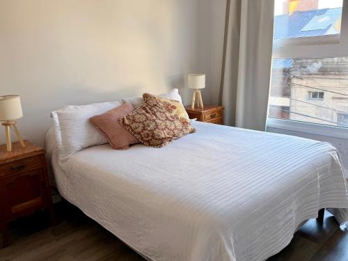 a bed with two pillows on it in a bedroom at Depto cálido y moderno in San Nicolás de los Arroyos