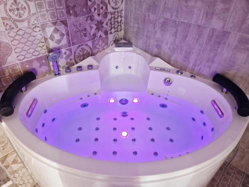 a purple bath tub in a bathroom with a purple wall at Le secret show in Saumur