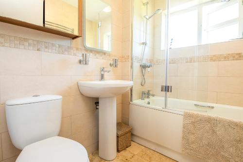 a bathroom with a toilet and a sink and a shower at Glandraeth in Newport
