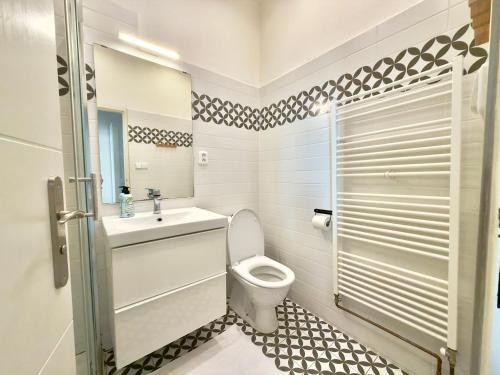a bathroom with a toilet and a sink and a shower at Apartmány Mary in Litoměřice