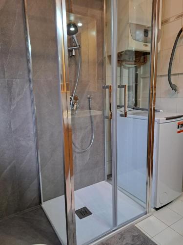 a shower with a glass door in a bathroom at Il Nido casa vacanze in Varena