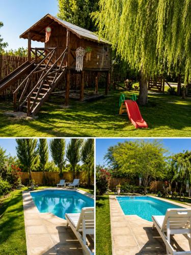 two pictures of a backyard with a swimming pool and a tree at El Indio - Casa de Campo con Piscina y Parrilla in Villa del Salvador