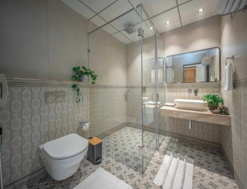 a bathroom with a toilet and a sink and a shower at 1924 Clock House Munnar in Munnar