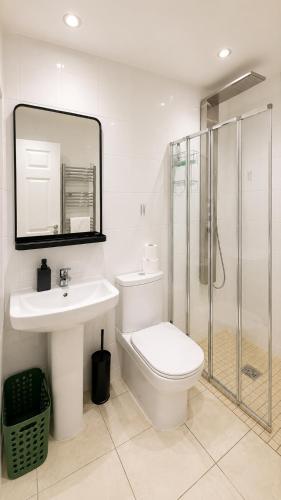 a bathroom with a toilet and a sink and a shower at Cosy Flat on the Top Floor in Ramsbottom in Ramsbottom