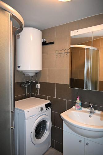 a bathroom with a washing machine and a sink at Leona in Senj