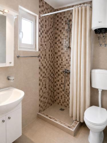 a bathroom with a shower with a toilet and a sink at Apartments Taida in Dobra Voda