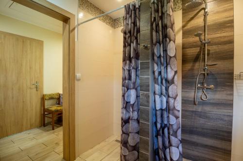 a bathroom with a shower with a shower curtain at Dolistówka Apartamenty z jacuzzi i sauną in Goniadz