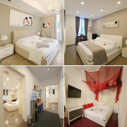 three different pictures of a hotel room with two beds at VarazzeSuite Sauna e Hammam in Varazze
