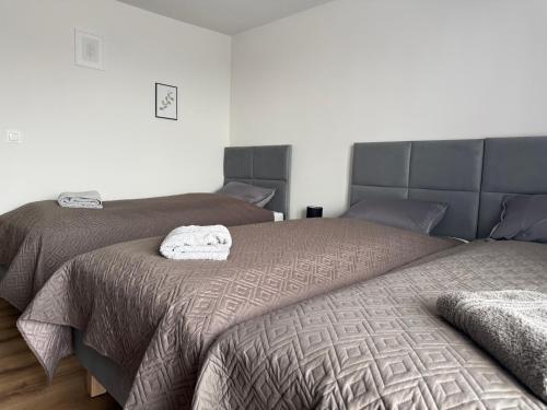 two beds sitting next to each other in a bedroom at Słoneczna 49 in Miedziana Góra
