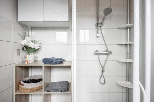a bathroom with a shower with a shower head at Chambre d'hôte La Châtelaine in Walbach