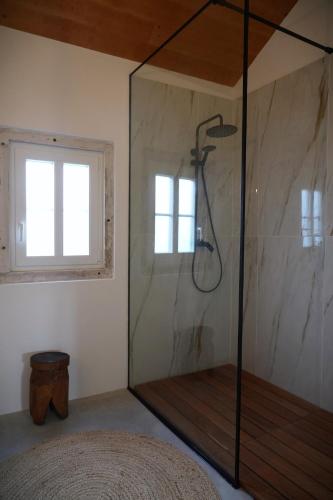 a bathroom with a shower with a glass door at Casa do Ti Maurício in Gondemaria