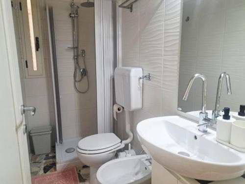 a bathroom with a toilet and a sink and a shower at S'erribera de S'abiolu in Baunei