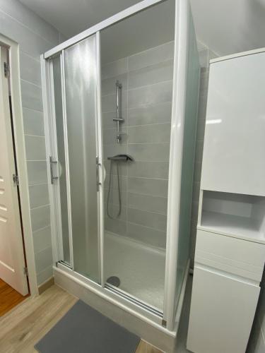 a shower with a glass door in a bathroom at Les mouettes rieuses in Telgruc-sur-Mer