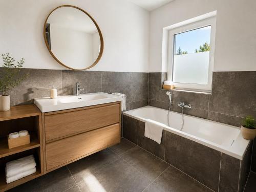 a bathroom with a sink and a tub and a mirror at Dill Apartment Pleinfeld am Brombachsee III in Pleinfeld