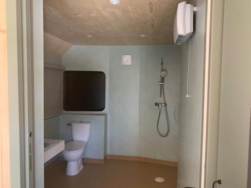 a bathroom with a toilet and a tv on the wall at Logis Hôtel Restaurant Le 1050 in Saint-Agrève