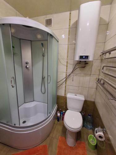 a bathroom with a shower and a white toilet at затишна квартирка in Kremenchuk