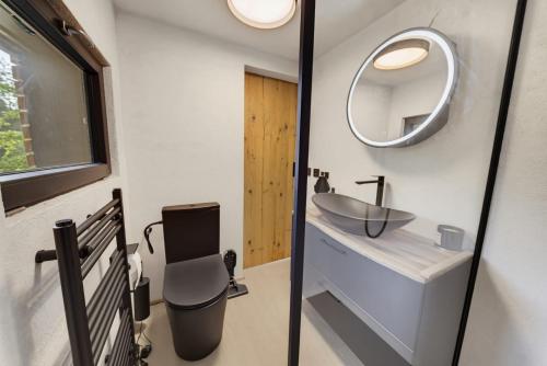 a bathroom with a sink and a mirror at Forest&Lake Retreat in Dehtáře