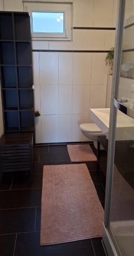 a bathroom with a sink and a toilet and a window at Hochsalerblick in Laufenburg