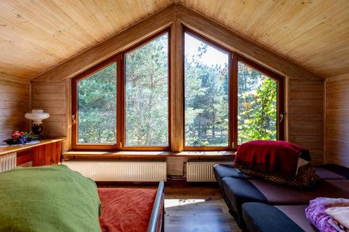 a room with a couch and windows in a cabin at Green park residence in Tīnūži