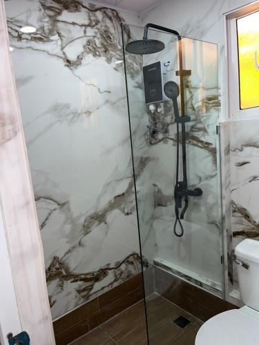a bathroom with a shower with a glass door at Villa Clarice in Bonao