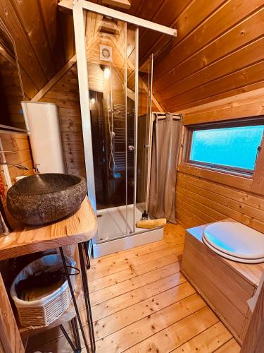 a bathroom with a shower and a sink in a cabin at Cabane Kota Désiré, bain nordique in Saint Die