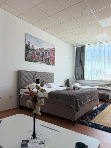a bedroom with a large bed and a large window at Hostel Nikšić in Nikšić