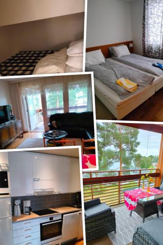 a collage of photos of a bedroom and a kitchen at Kaksio Kivitipun lähellä in Lappajärvi