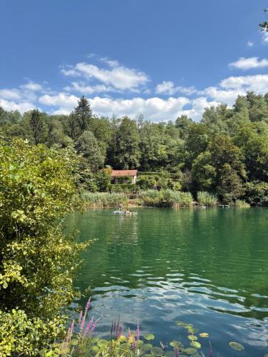 a lake with a boat in the middle at Green River - robinzonski kamp in Duga Resa