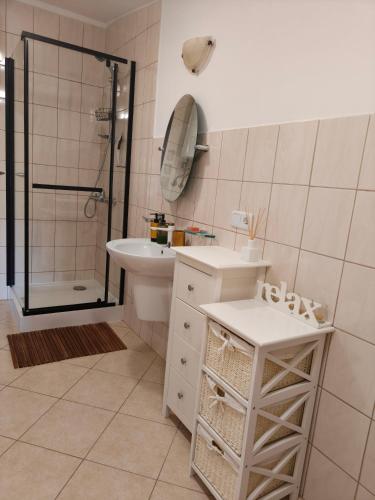 a bathroom with a sink and a toilet and a shower at Studio dwupokojowe z łazienką i kuchnią in Augustów