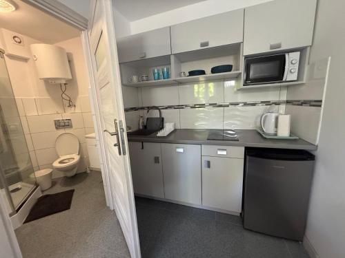 a small white kitchen with a toilet and a microwave at Apartamenty Łuska Rowy in Rowy