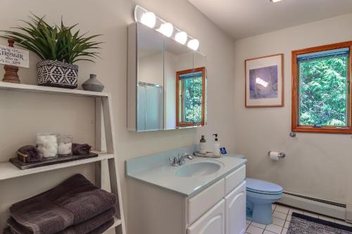 a bathroom with a sink and a toilet and a mirror at Split Rock Resort: Family Getaway w/ Fire Pit! in Lake Harmony