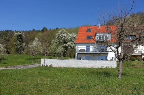 a house with an orange roof in a field at Ferienwohnung Süßenmühle Naturstrand in Sipplingen